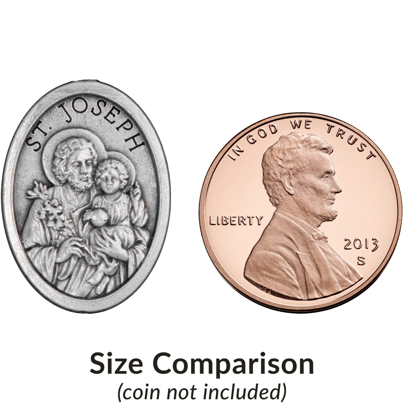 Comparison of a religious medallion and a penny on a white background