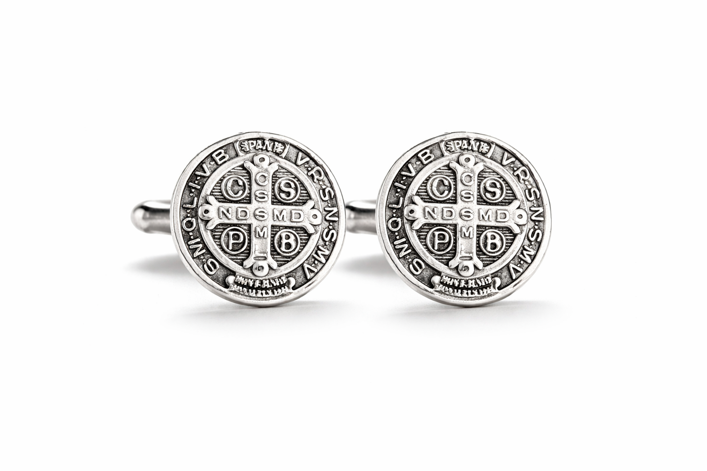 St Benedict medal cufflinks antique silver Catholic cross design Cuff links