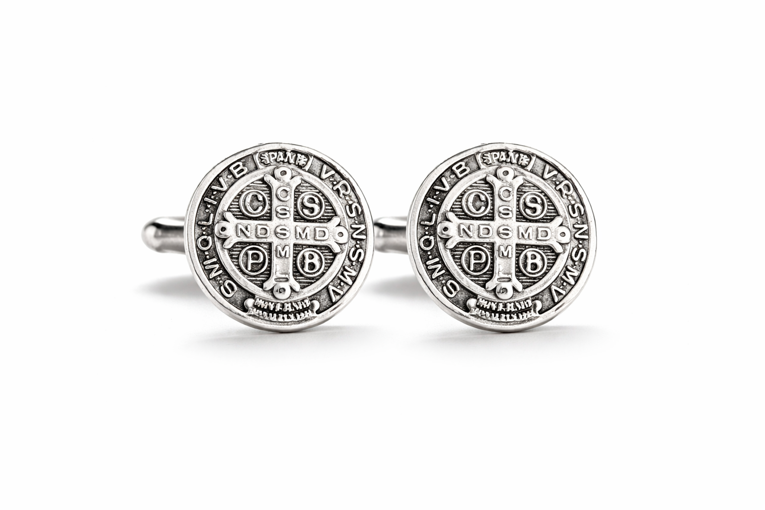 St Benedict medal cufflinks antique silver Catholic cross design Cuff links