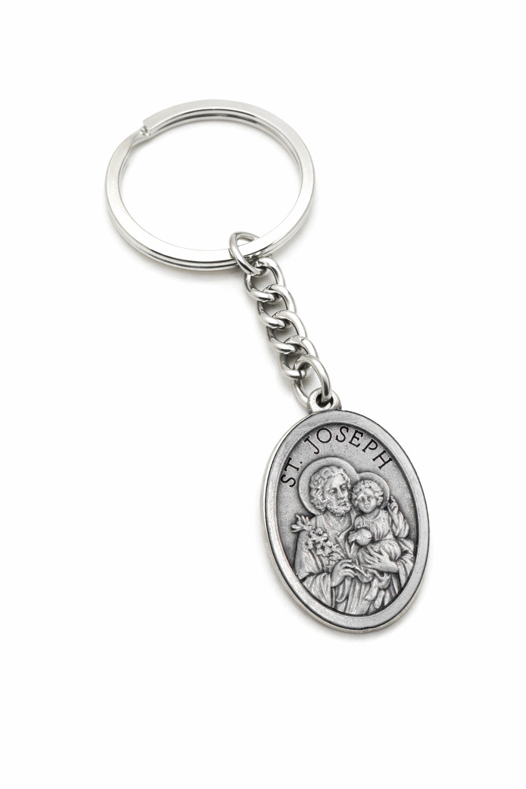 Silver keychain with St. Joseph pendant on a white background
