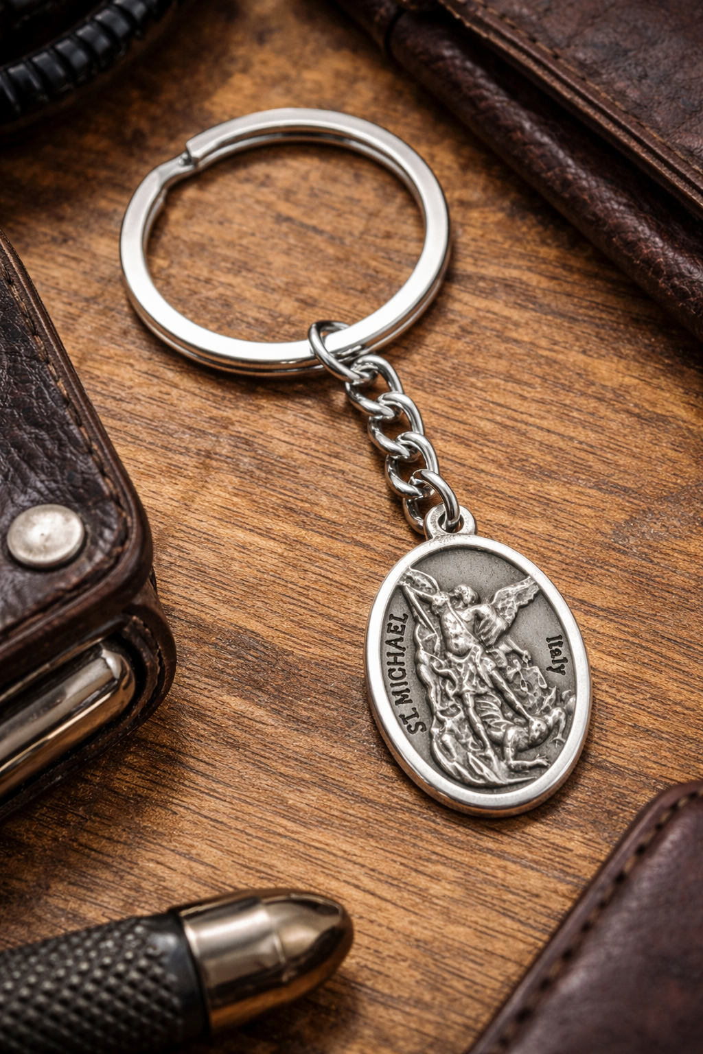 Silver keychain with a St Michael Archangel keychain with antique silver Catholic medal pendant on a wooden surface
