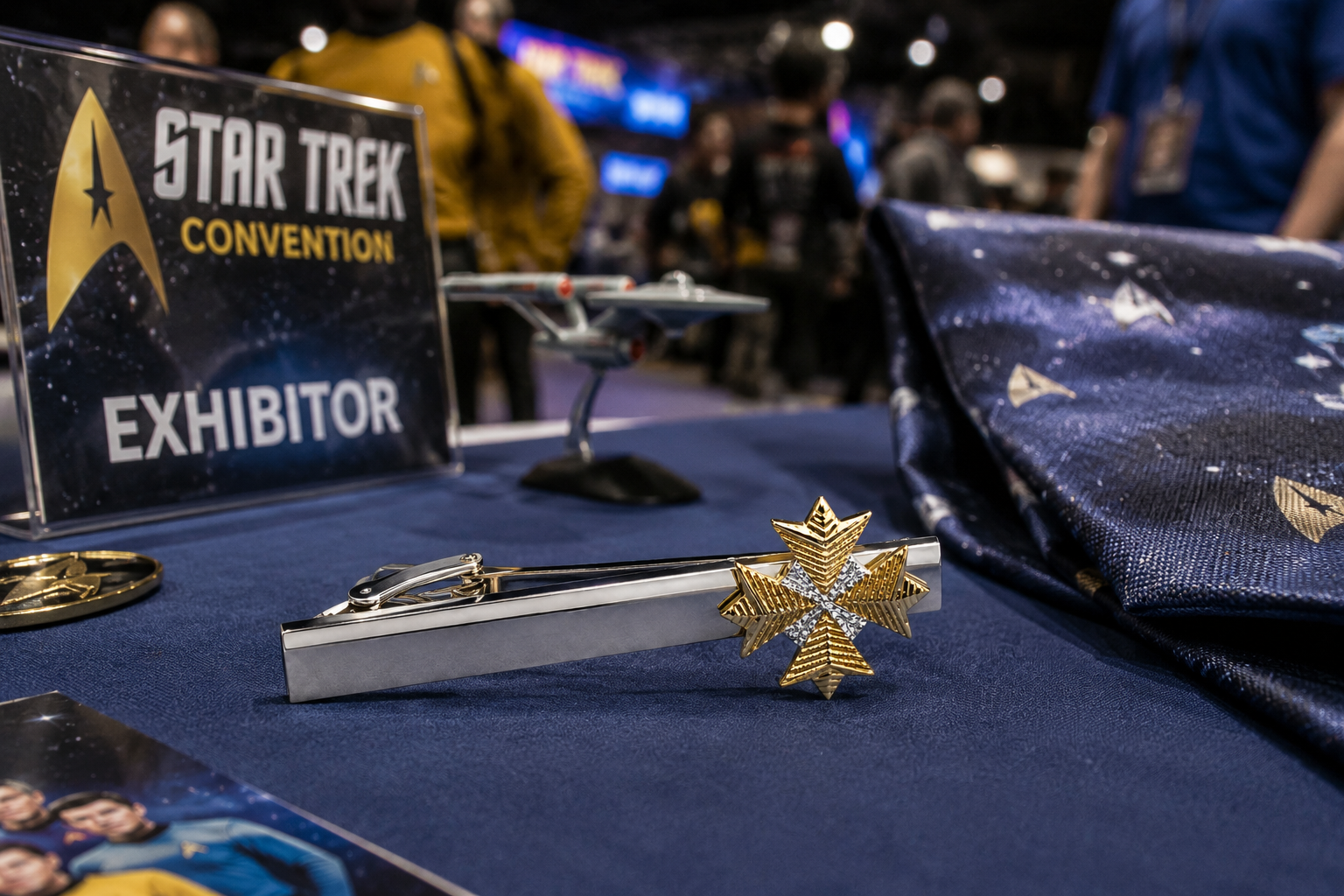 Star Trek convention exhibitor table with Star trek tie clip and tie