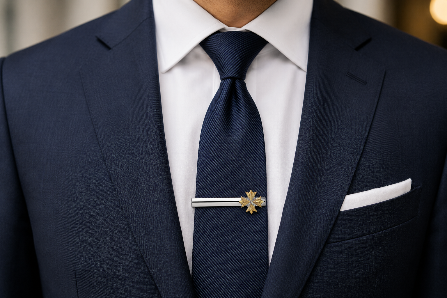 Man wearing a navy suit with a white shirt, navy tie, and decorative star trek tie clip