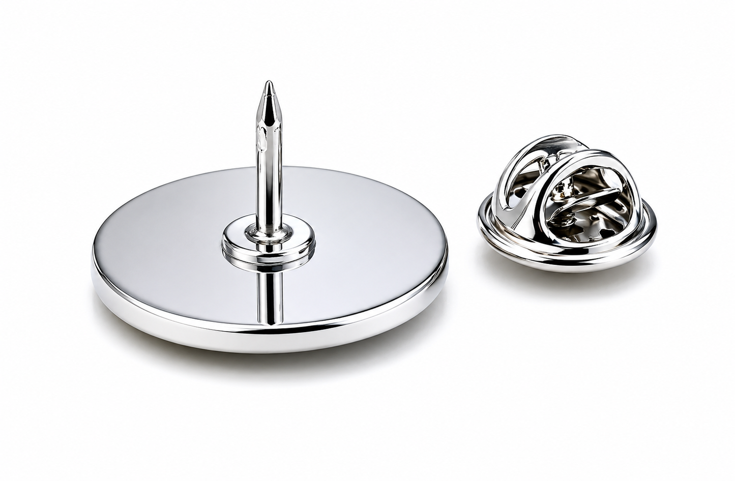 Silver lapel pin on a white background