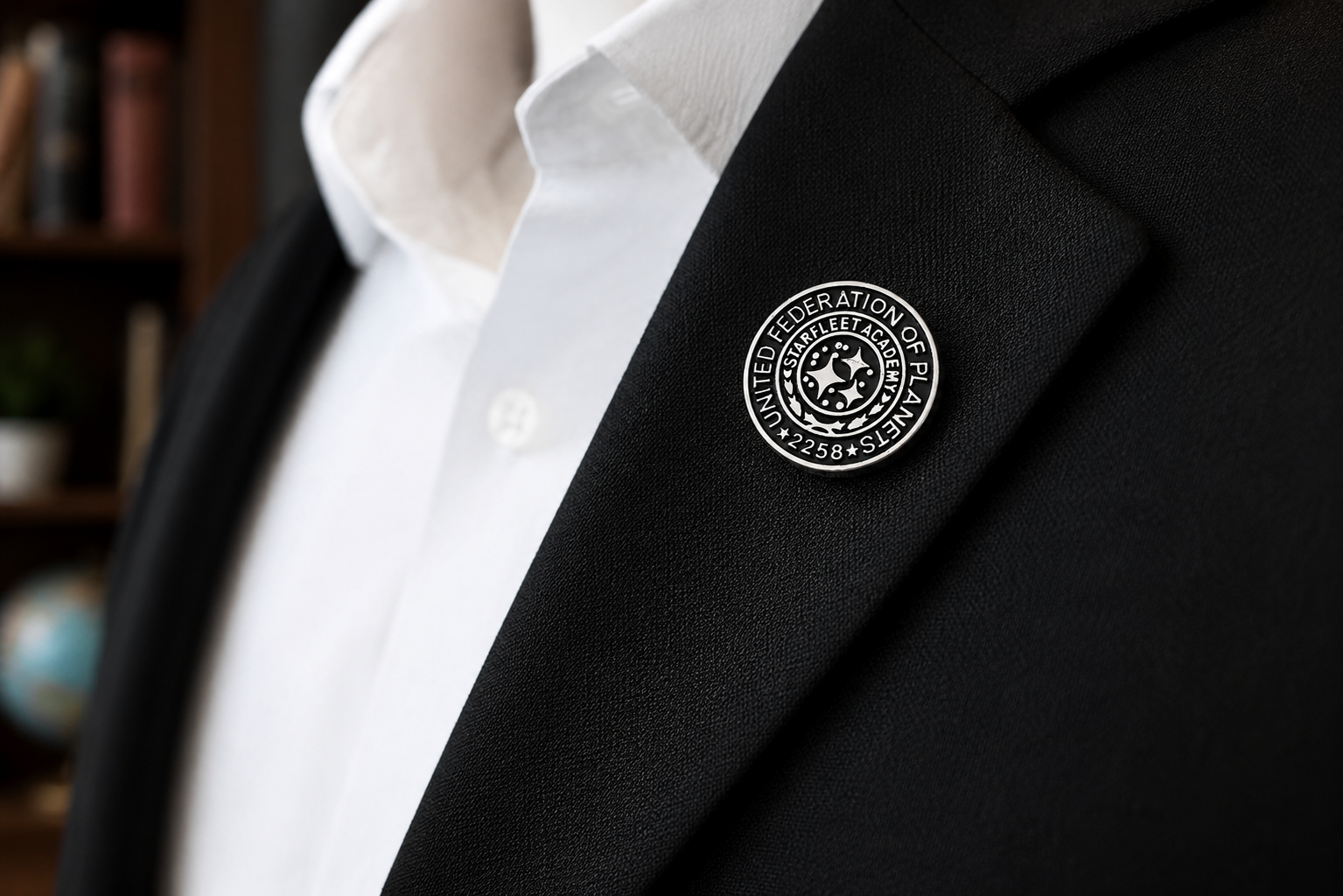 Black blazer with a white shirt and a visible logo on a blurred background