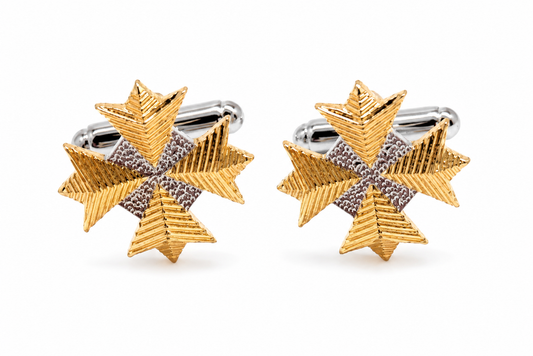 Starfleet Admiral Insignia cufflinks inspired by Star Trek Into Darkness featuring a gold and silver rank badge design on a white background