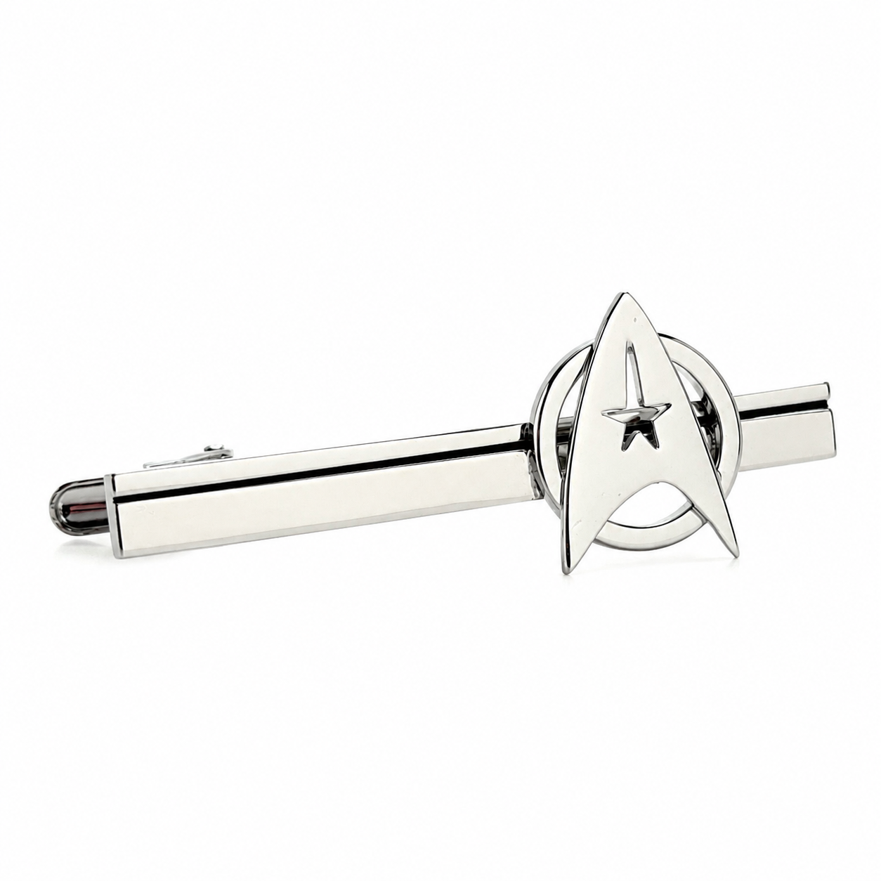 Silver tie clip with a starfleet emblem on a white background