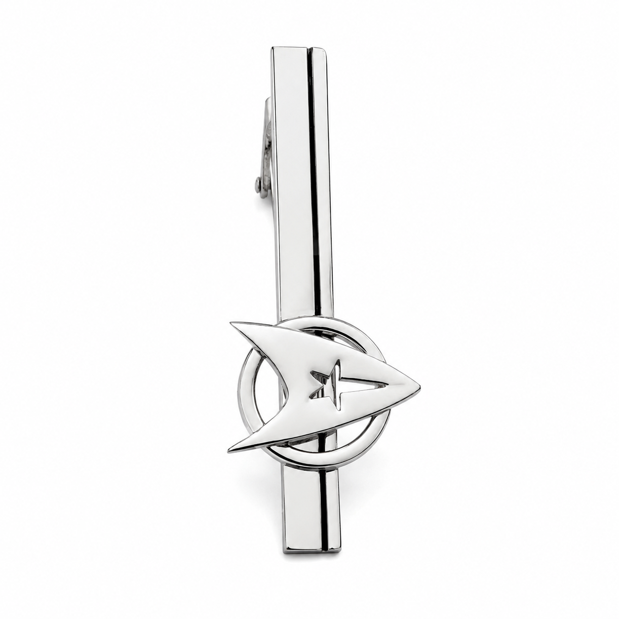 Angled view of Starfleet Command insignia tie clip featuring detailed silver emblem and tie bar