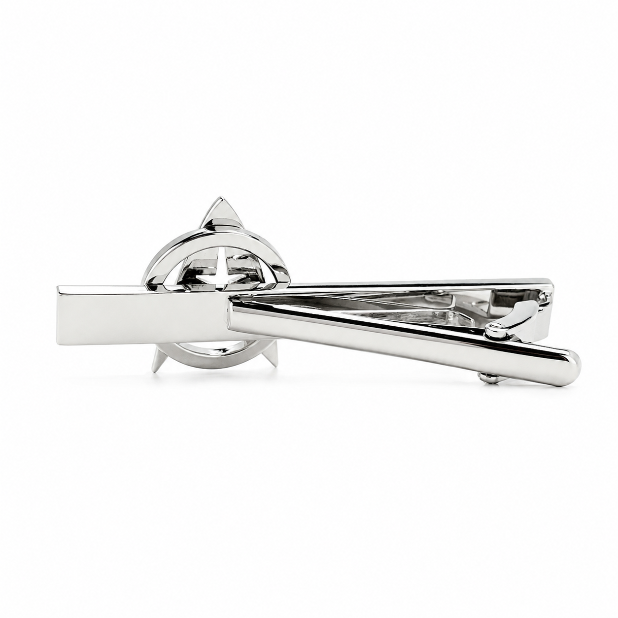 Back side of Starfleet Command tie clip displaying secure tie bar attachment and polished metal construction