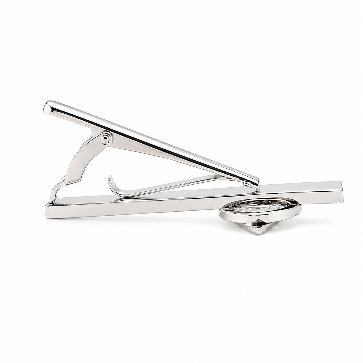 Side profile of silver Starfleet Command tie clip showing spring loaded clasp mechanism