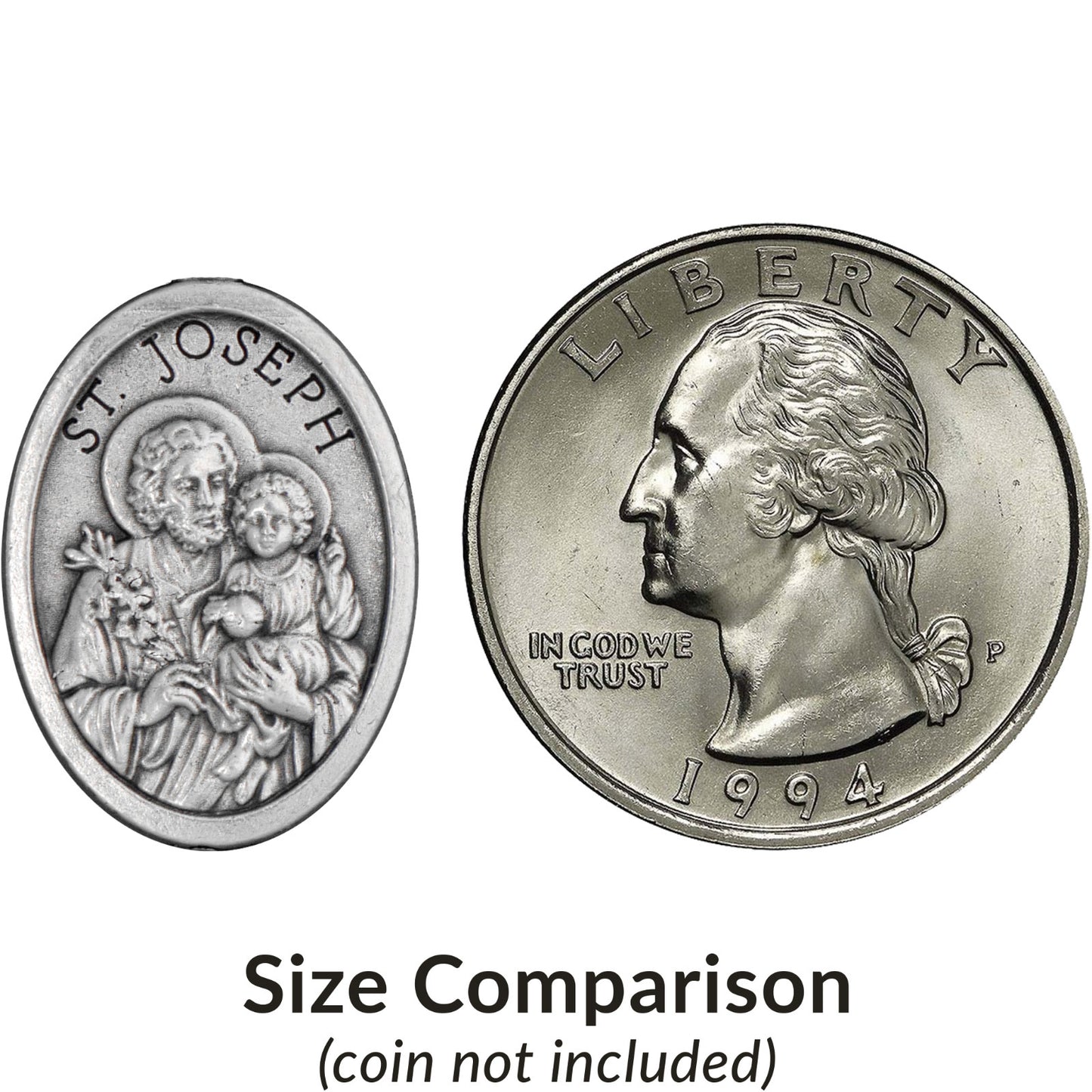 Comparison of a small religious medal and a larger coin on a white background