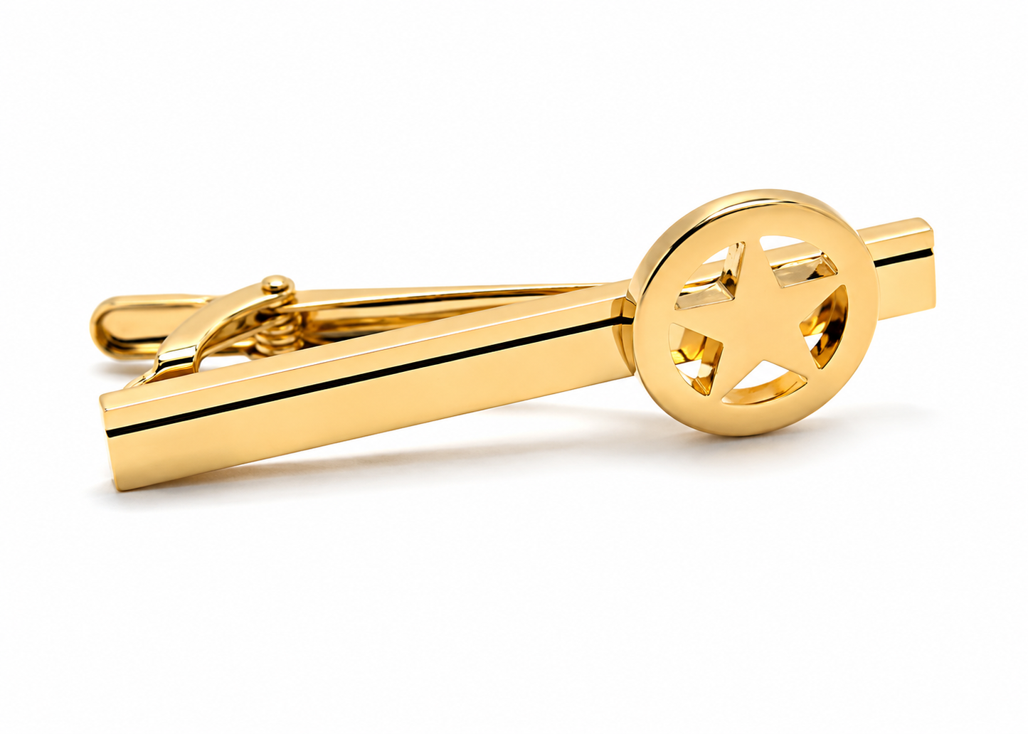 A gold tie clip featuring a flat bar with a thin black center stripe and a circular roundel pendant with an open star cutout, shown on a white background.