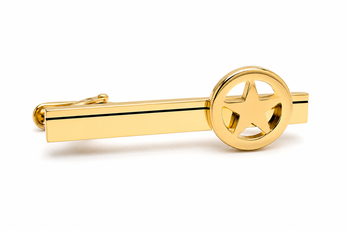 A polished gold tie clip featuring a rectangular bar and a circular end piece with a five-pointed star cutout, shown on a clean white background.