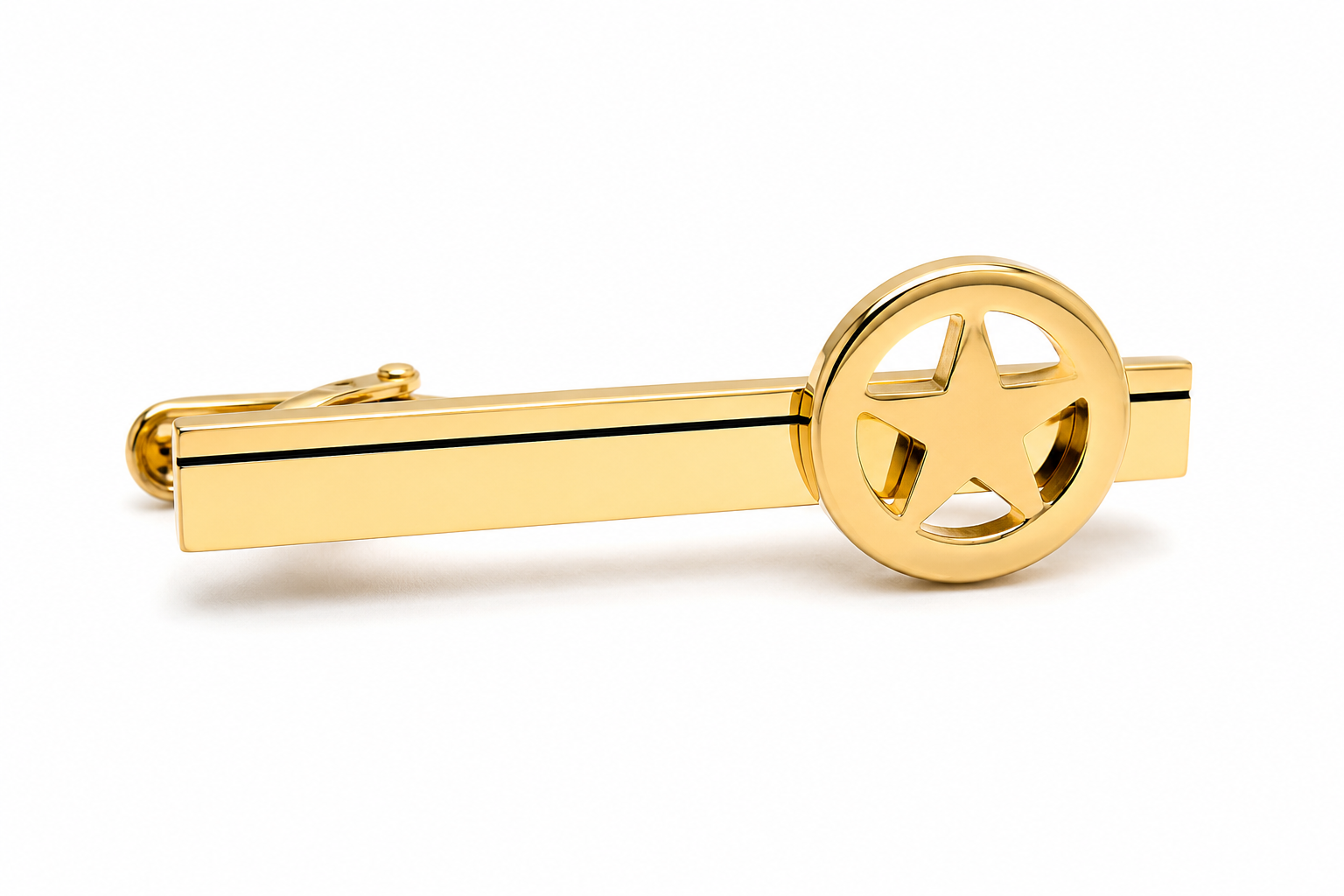 A polished gold tie clip featuring a rectangular bar and a circular end piece with a five-pointed star cutout, shown on a clean white background.