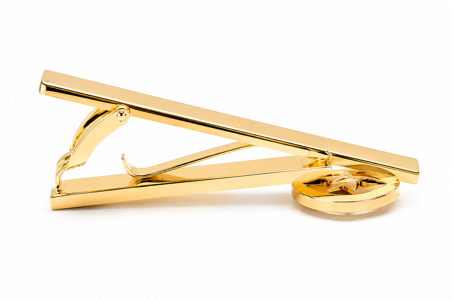 A polished gold tie bar with a matching circular gold ring at the base, shown on a clean white background.