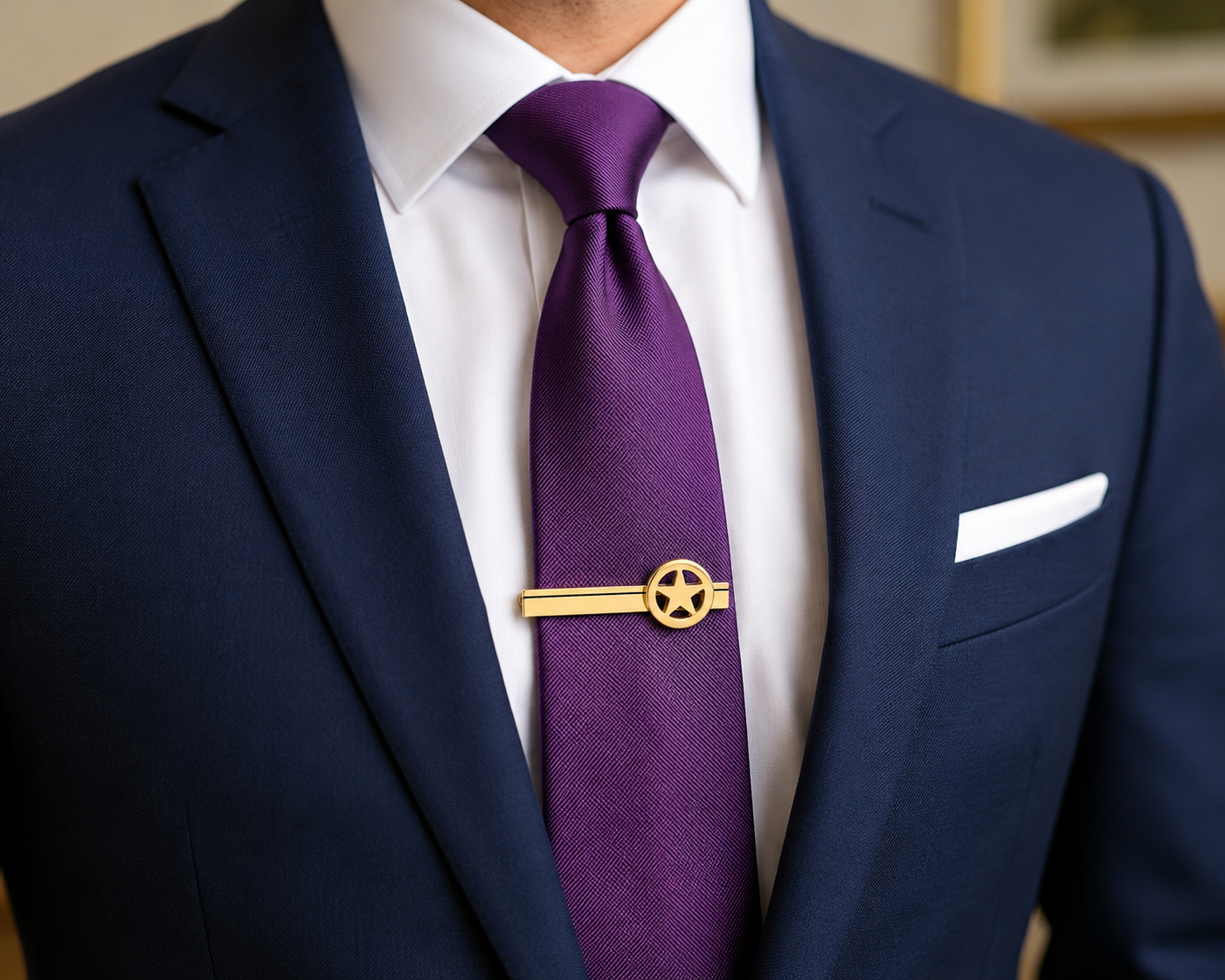 A close-up of a man wearing a navy blue suit jacket, white dress shirt, and a textured purple necktie secured with a gold tie bar featuring a star emblem.