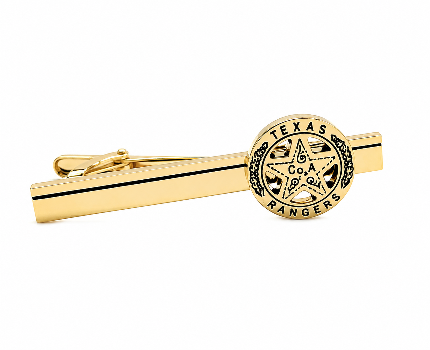 A gold tie bar featuring a circular Texas Rangers emblem on one end, shown against a plain white background.