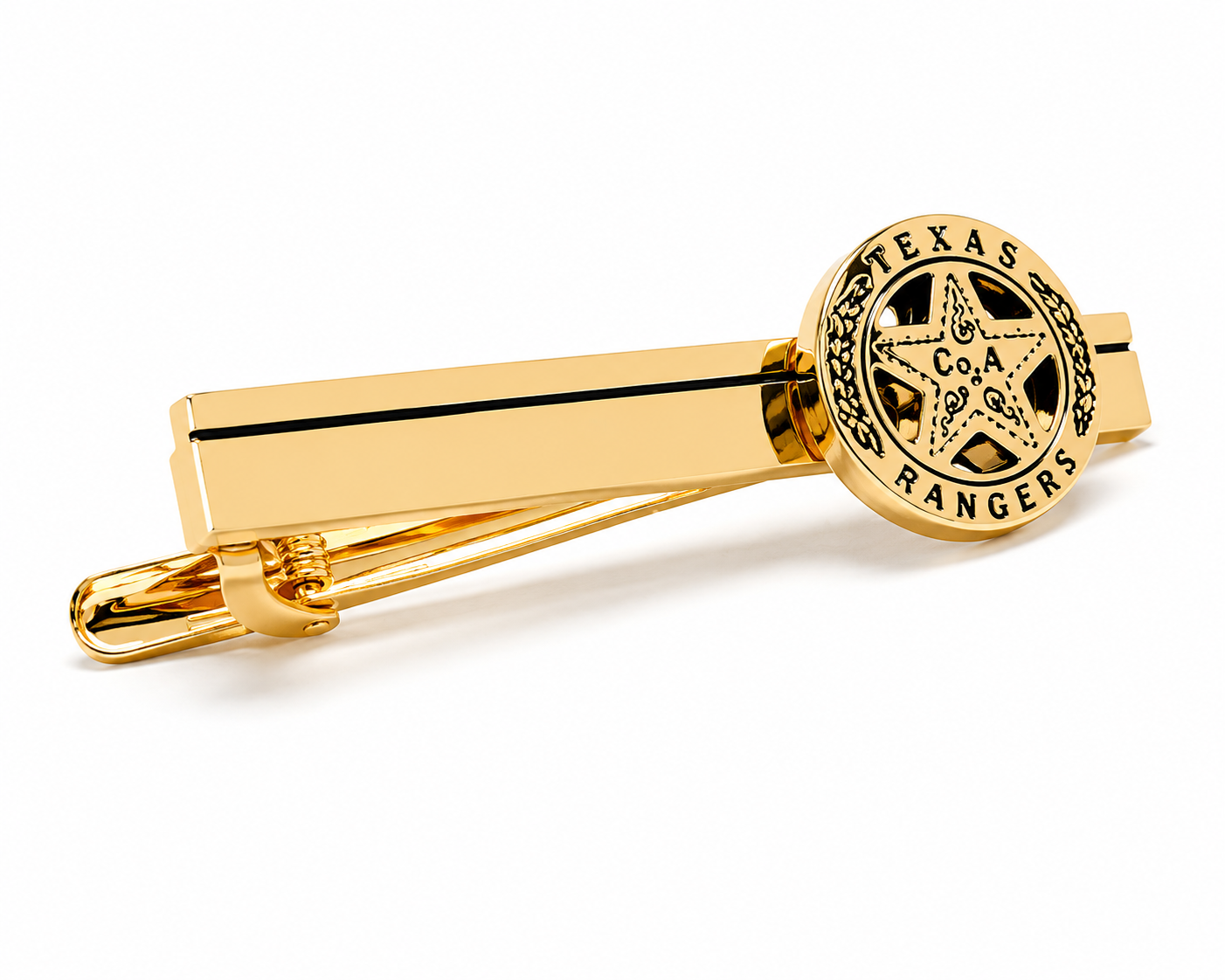 A gold-plated tie clip featuring a circular Texas Rangers emblem on the slider, shown on a clean white background.