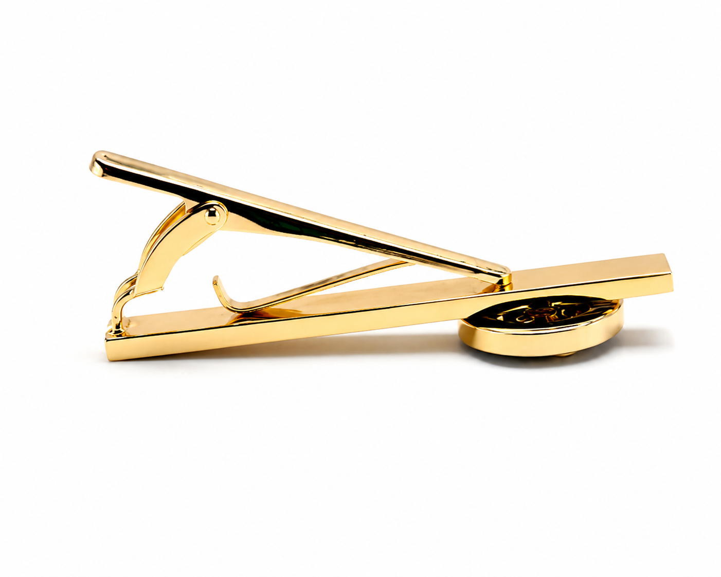 A polished gold tie bar with a spring clip and a round gold tie clip on the end, shown on a clean white background.