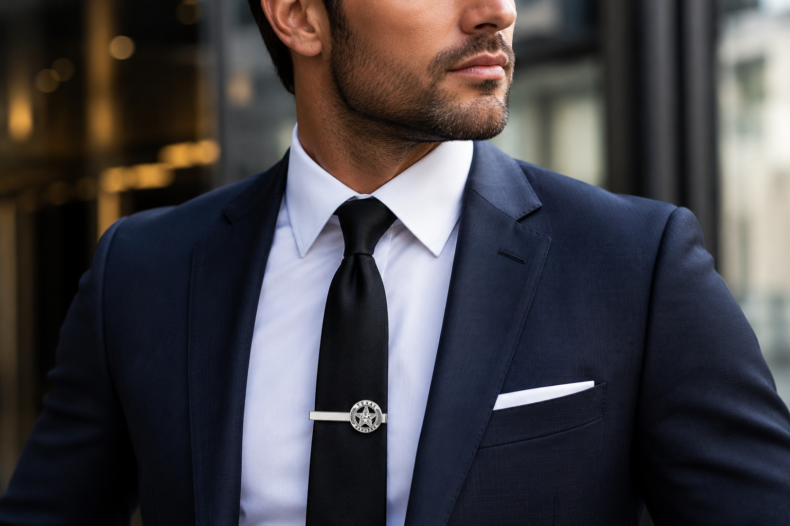 Polished silver Texas Ranger badge tie clip inspired by the legendary Old West lawmen, shown on a clean white background. Blue Suit