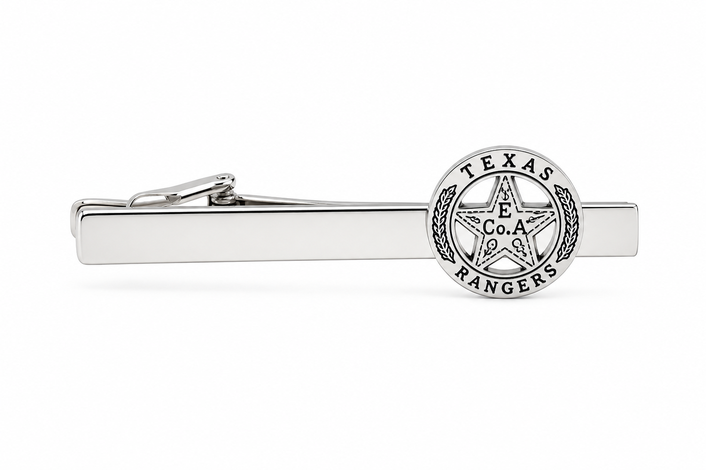 Polished silver Texas Ranger badge tie clip inspired by the legendary Old West lawmen, shown on a clean white background.