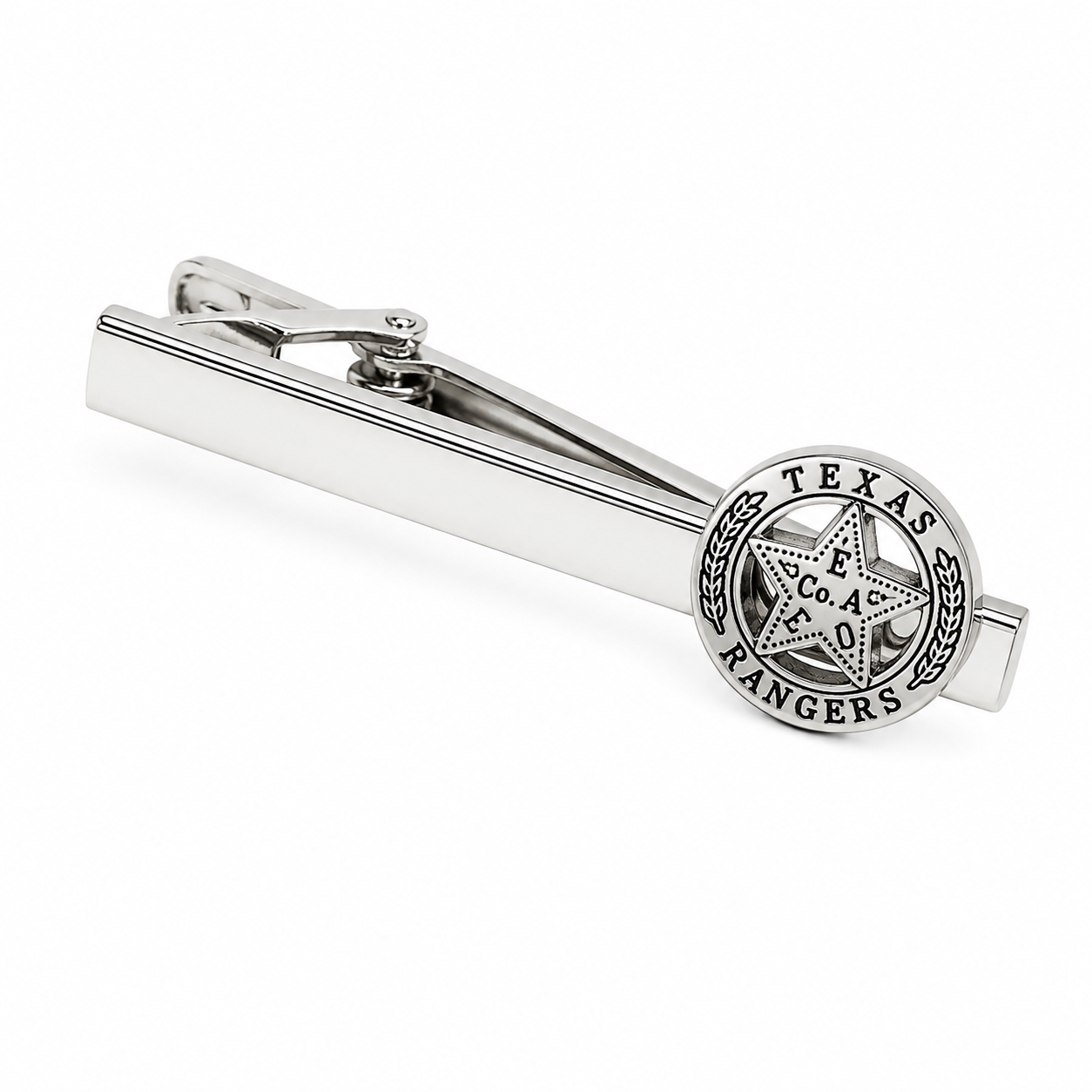 Polished silver Texas Ranger badge tie clip inspired by the legendary Old West lawmen, shown on a clean white background.