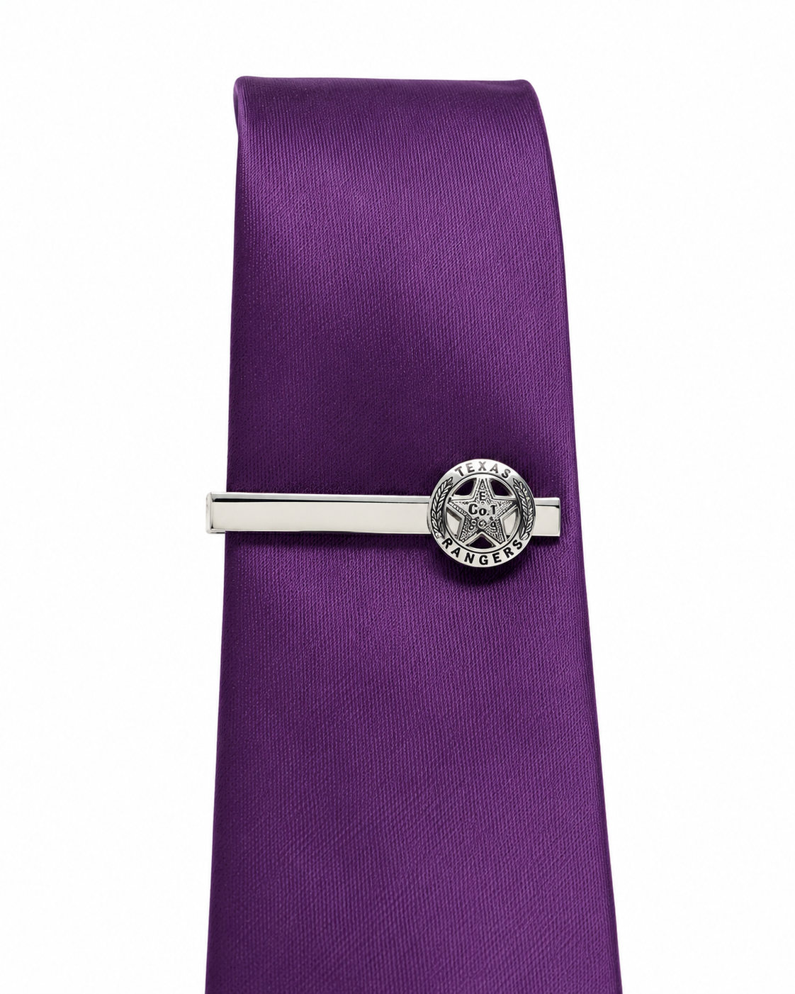 Polished silver Texas Ranger badge tie clip inspired by the legendary Old West lawmen, shown on a clean white background. Purple Tie