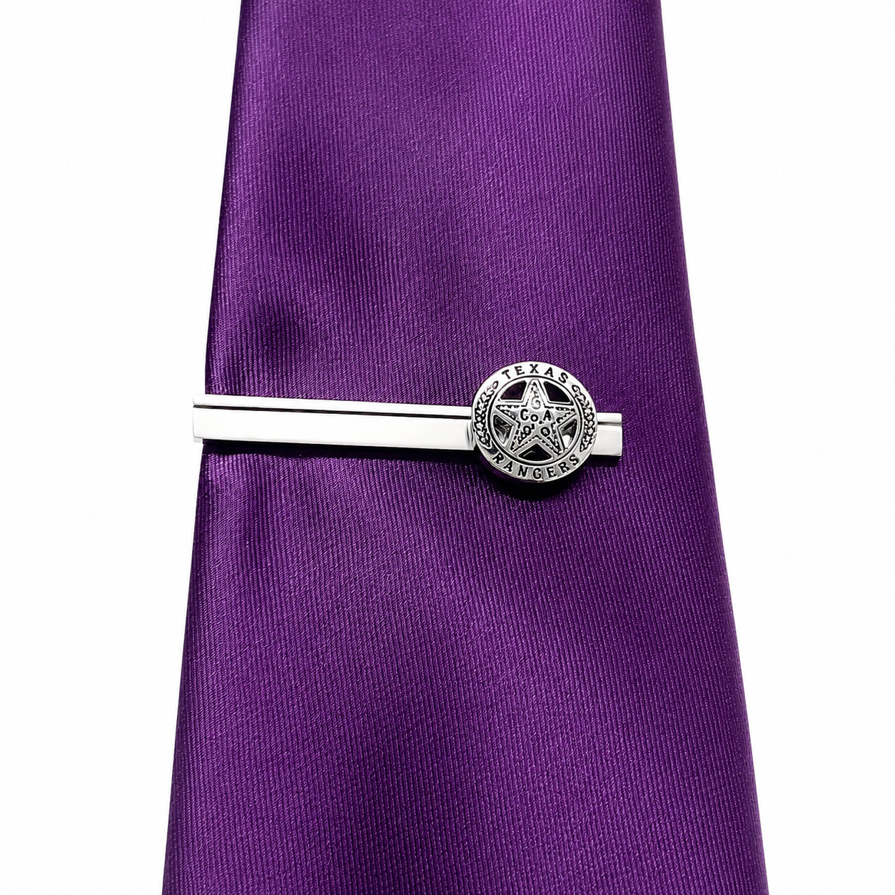 Texas Ranger Badge Tie Clip on purple tie