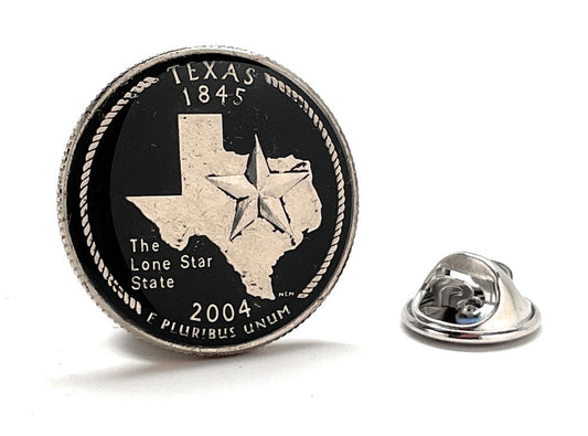 Hand-painted Texas quarter lapel pin with silver trim and secure metal clutch backing