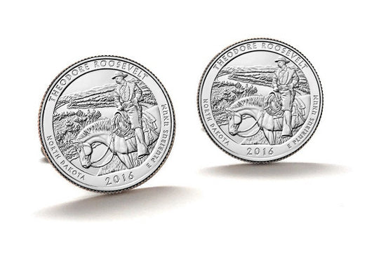 Theodore Roosevelt National Park Coin Cufflinks Uncirculated U.S. Quarter 2016 Cuff Links Enamel Backing Cufflinks