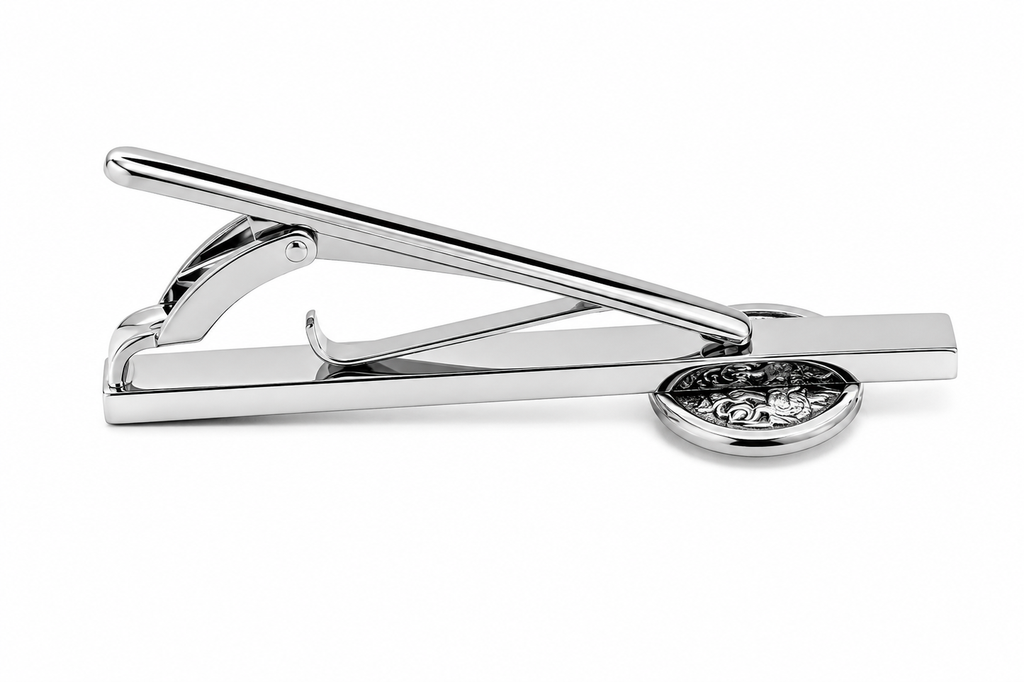 silver tie clip with engraved Holy Family medallion Christian gift for men wedding or church