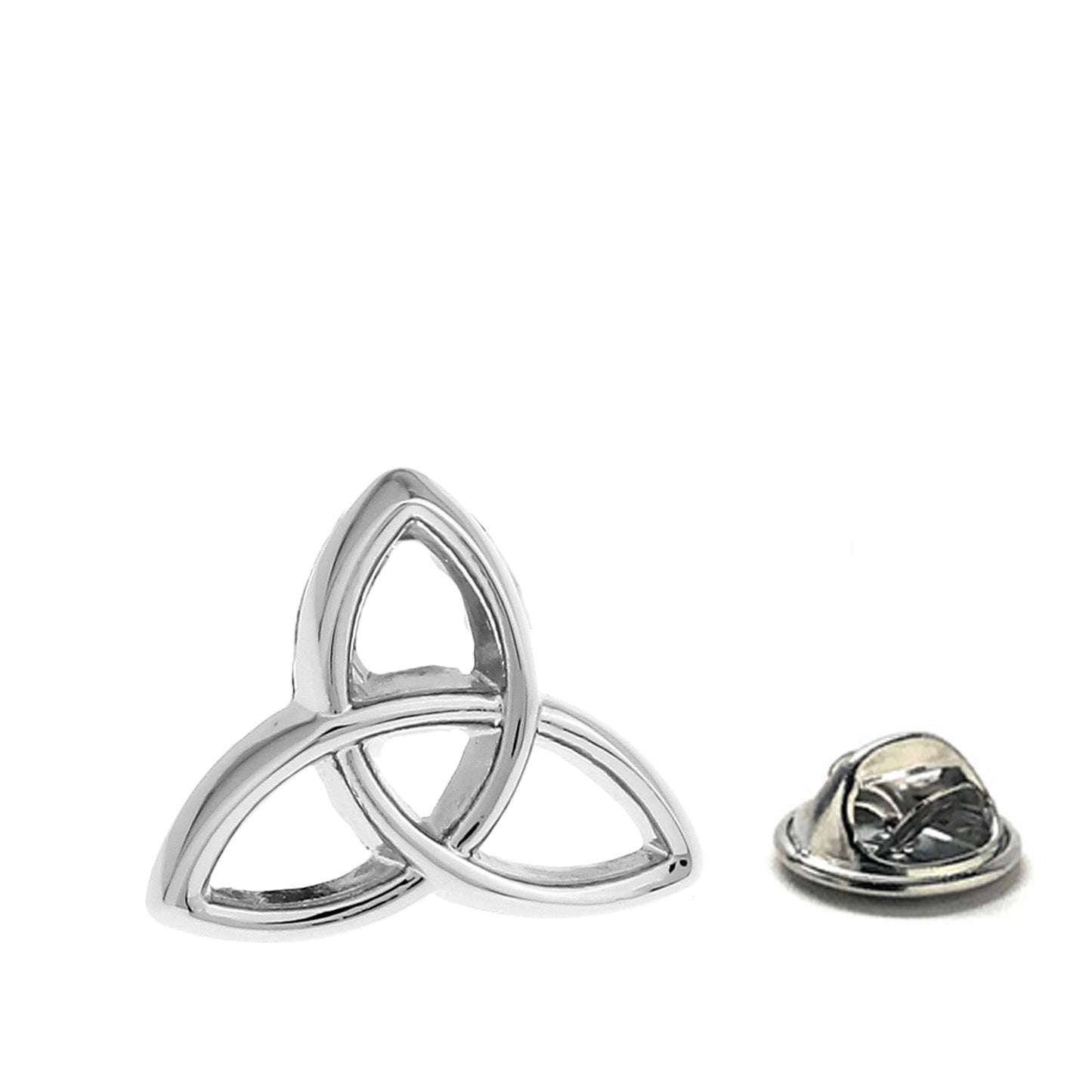 JayPins Silver Celtic Trinity Knot Lapel Pin – polished silver pin featuring the Celtic trinity knot symbol representing unity, faith, and eternal strength; perfect for weddings, religious events, or meaningful gifts.