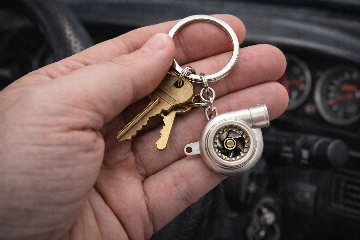 Hand holding keys with a turbocharger keychain in front of a car's dashboard.