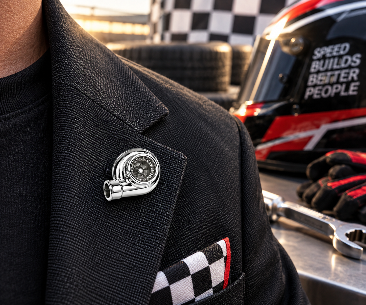 Silver Turbocharger Lapel Pin racing suit
