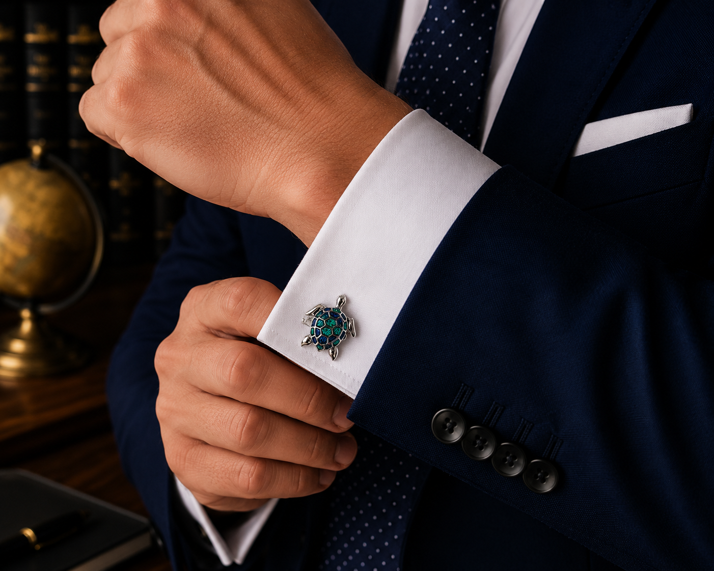 Person adjusting a cufflink on a suit with a decorative background