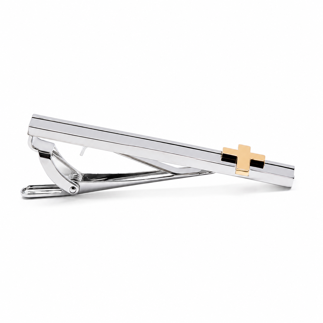 Two-tone silver tie clip featuring a gold cross accent for men's formal and business attire