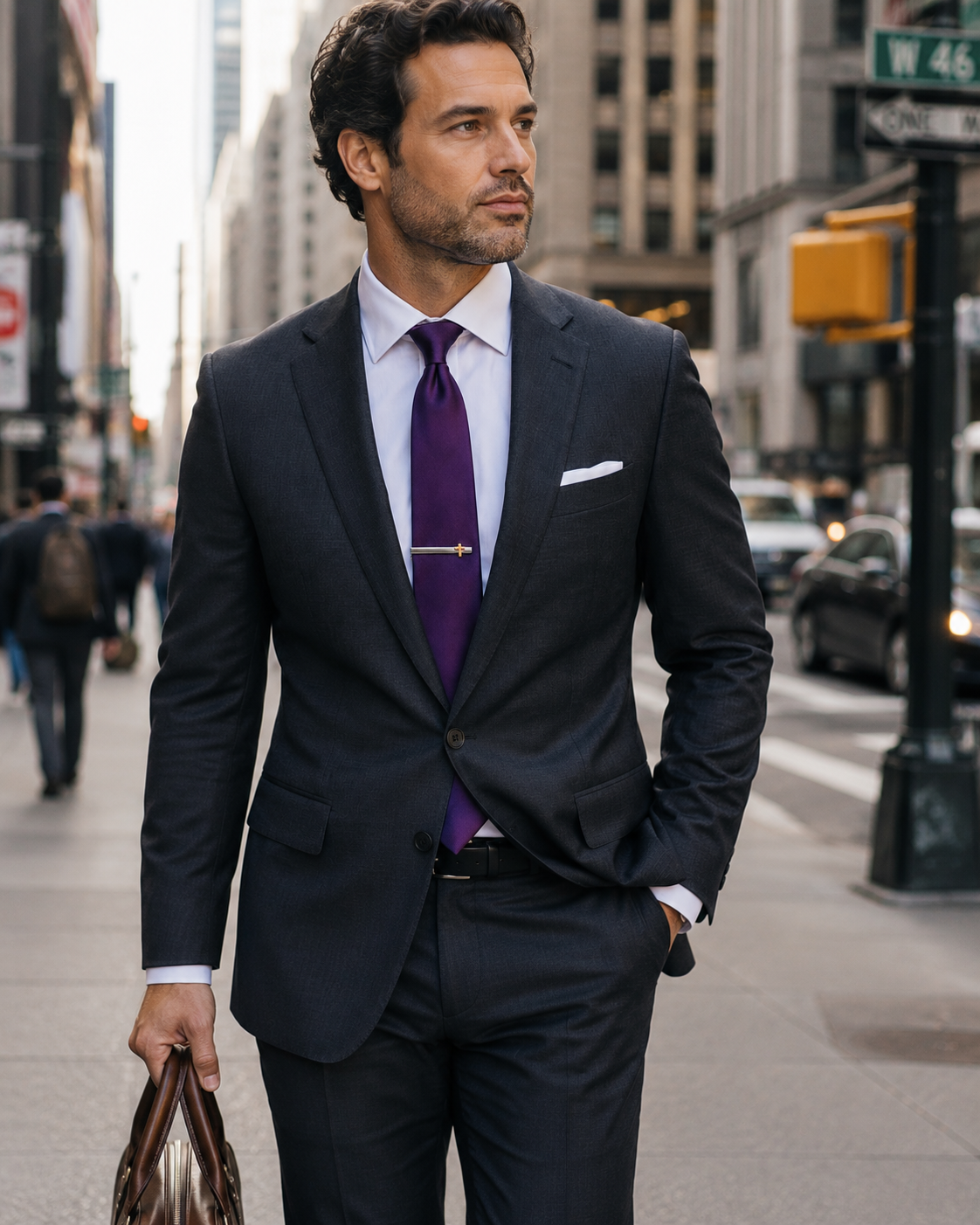 Man in a dark suit with a purple tie walking on a city street. Two-tone silver tie clip featuring a gold cross accent for men's formal and business attire