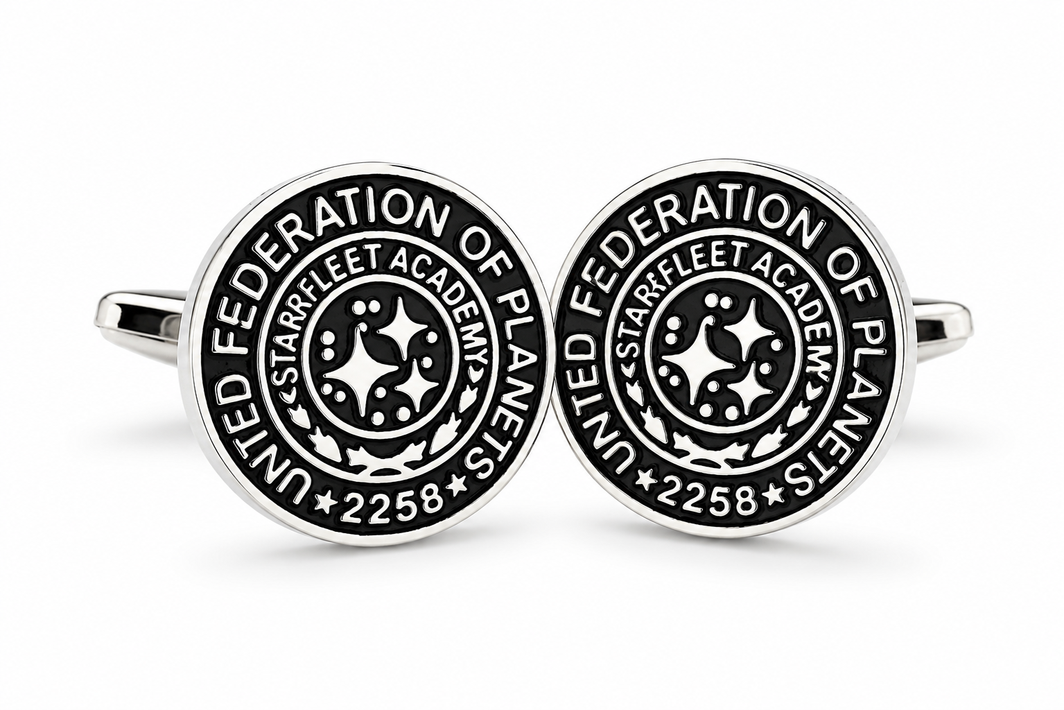United Federation of Planets Starfleet Academy silver and black cufflinks inspired by classic science fiction space exploration themes