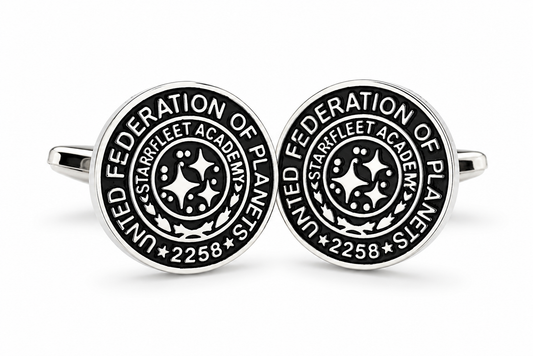 United Federation of Planets Starfleet Academy silver and black cufflinks inspired by classic science fiction space exploration themes