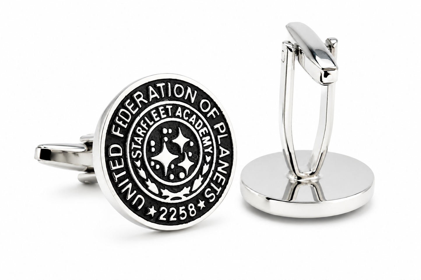 United Federation of Planets Starfleet Academy silver and black cufflinks inspired by classic science fiction space exploration themes