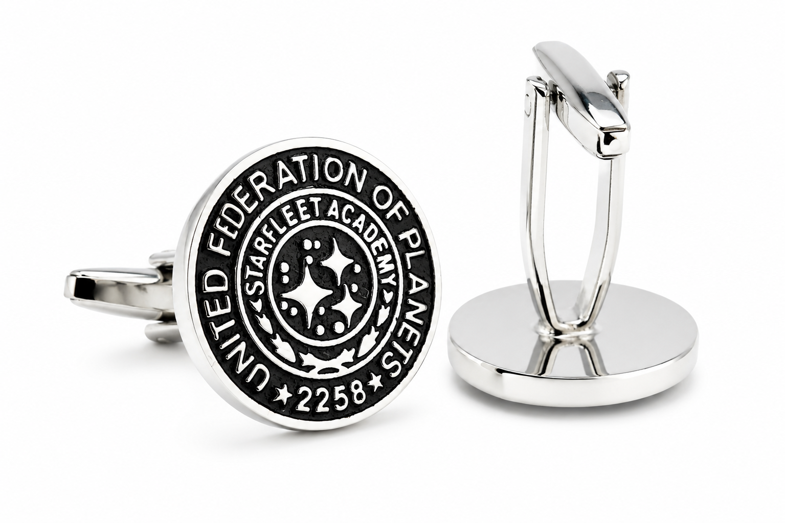 United Federation of Planets Starfleet Academy silver and black cufflinks inspired by classic science fiction space exploration themes