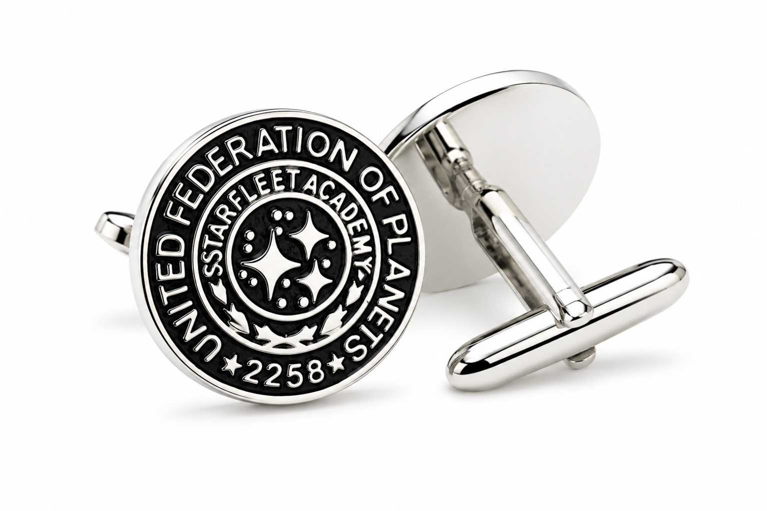 United Federation of Planets Starfleet Academy silver and black cufflinks inspired by classic science fiction space exploration themes