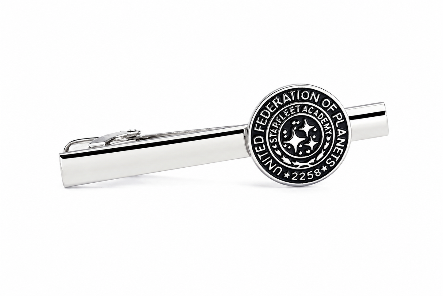 United Federation of Planets Starfleet Academy 2258 silver tie clip with black enamel emblem on polished silver tie bar by JayPins