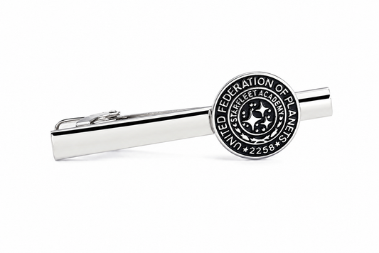 United Federation of Planets Starfleet Academy 2258 silver tie clip with black enamel emblem on polished silver tie bar by JayPins