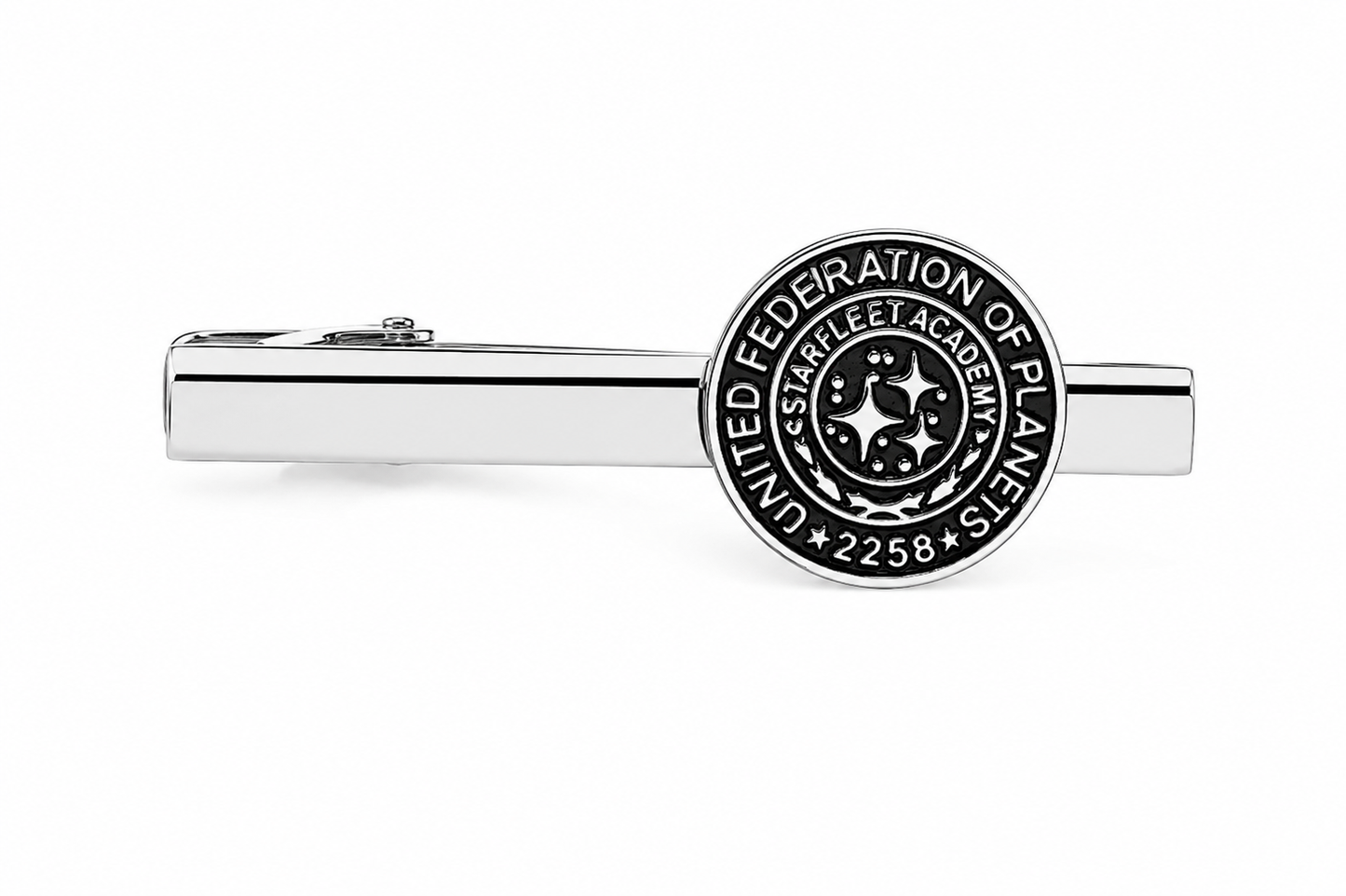 United Federation of Planets Starfleet Academy 2258 silver tie clip with black enamel emblem on polished silver tie bar by JayPins
