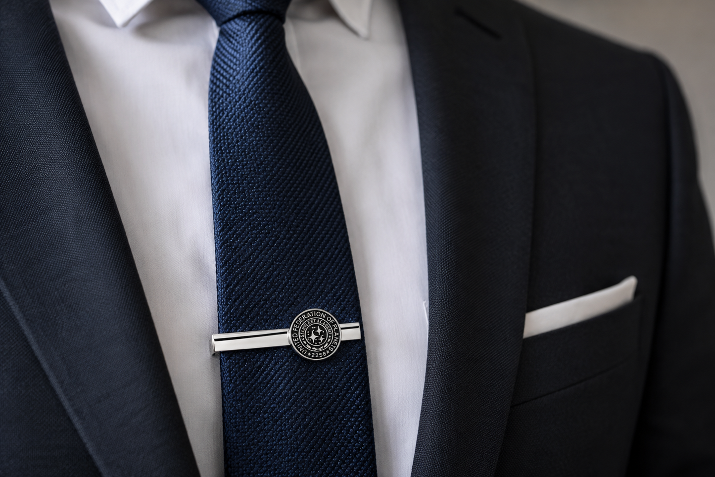 Close-up of a person wearing a navy tie with a silver tie clip and black suit jacket.