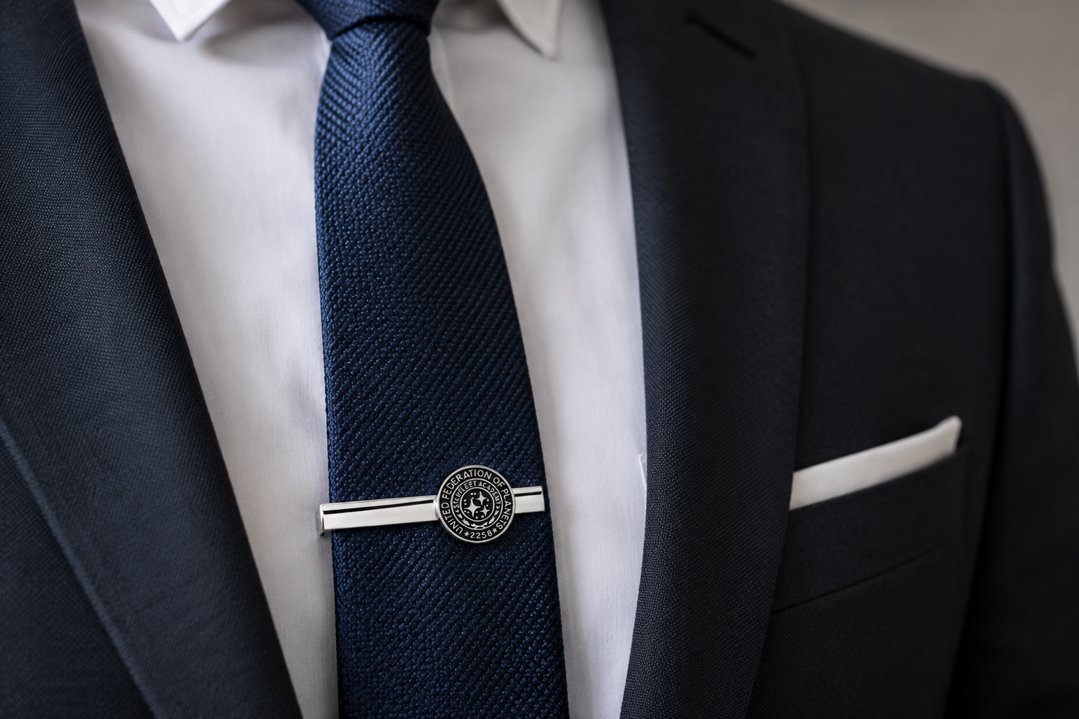 Close-up of a person wearing a navy tie with a silver tie clip and black suit jacket.