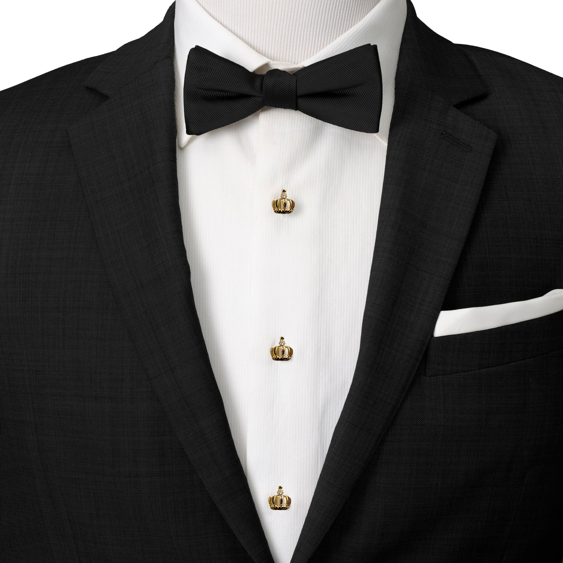 Black tuxedo with a bow tie and gold crown lapel pins on a white background