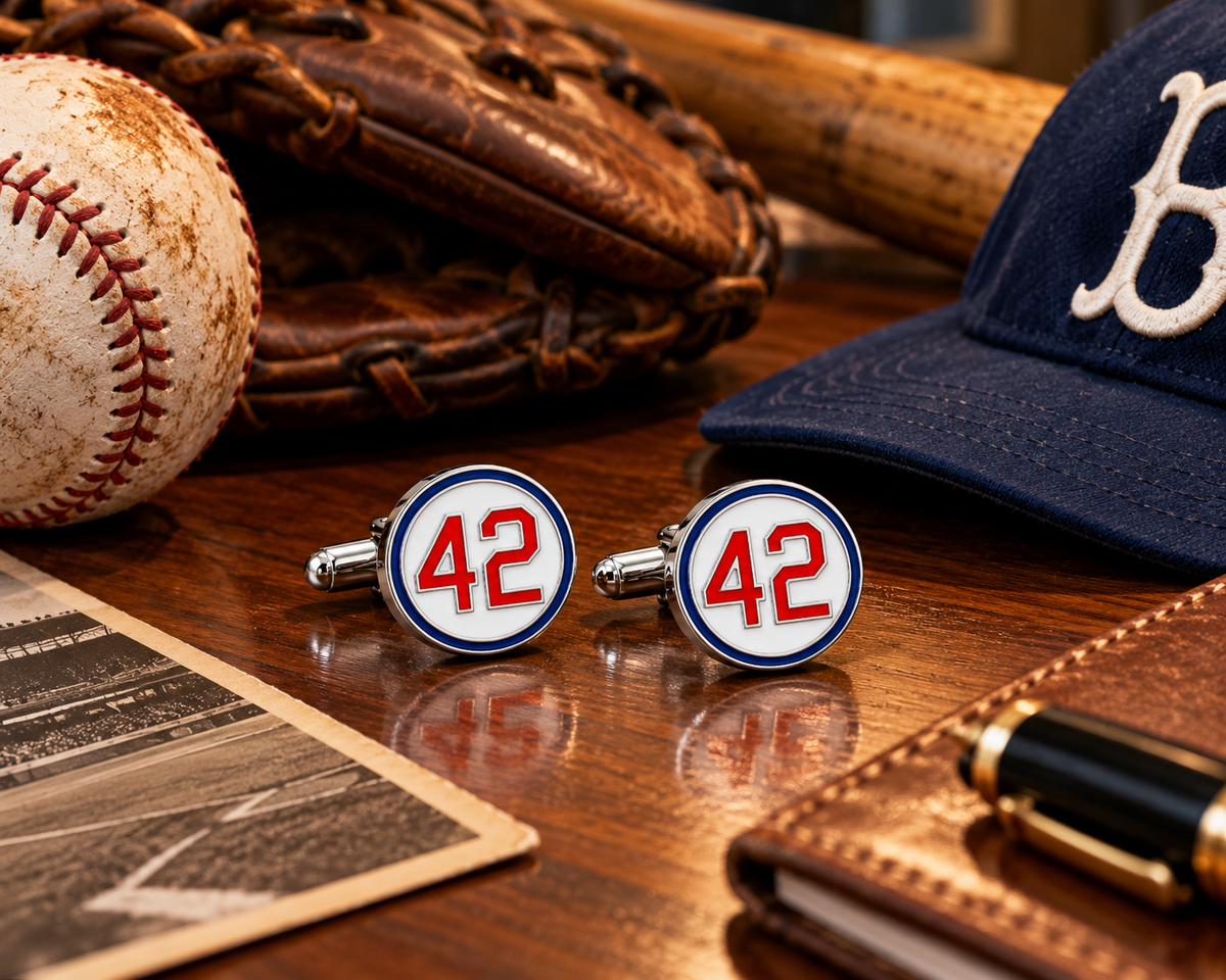 Jackie Robinson #42 Tribute Cufflinks on desk baseball memorabilia   