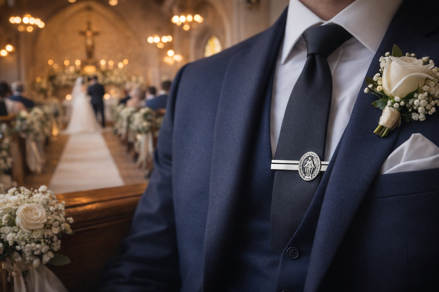 Virgin Mary miraculous medal tie clip silver mens religious tie bar catholic jewelry accessory wedding day